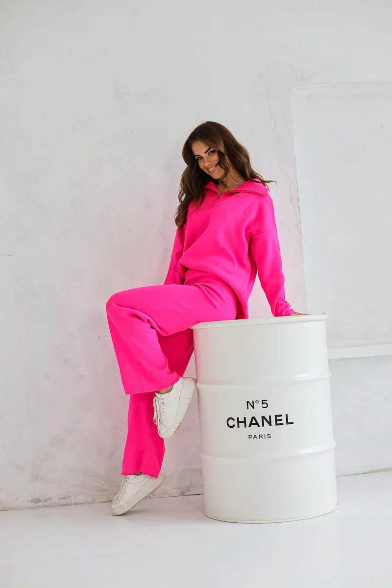 Fuchsia Zip Sweater Set – Bold & Cozy Two-Piece Lounge Outfit - Biamonde